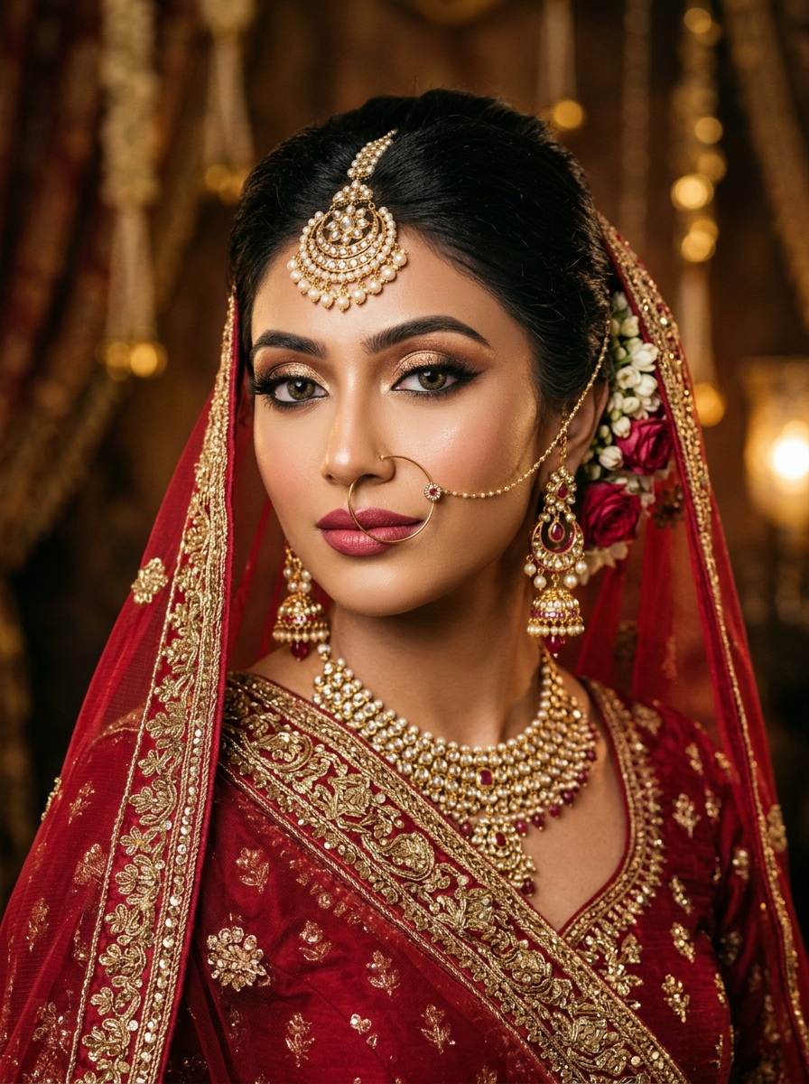 Royal bridal makeover with intricate gold embroidery and traditional jewelry