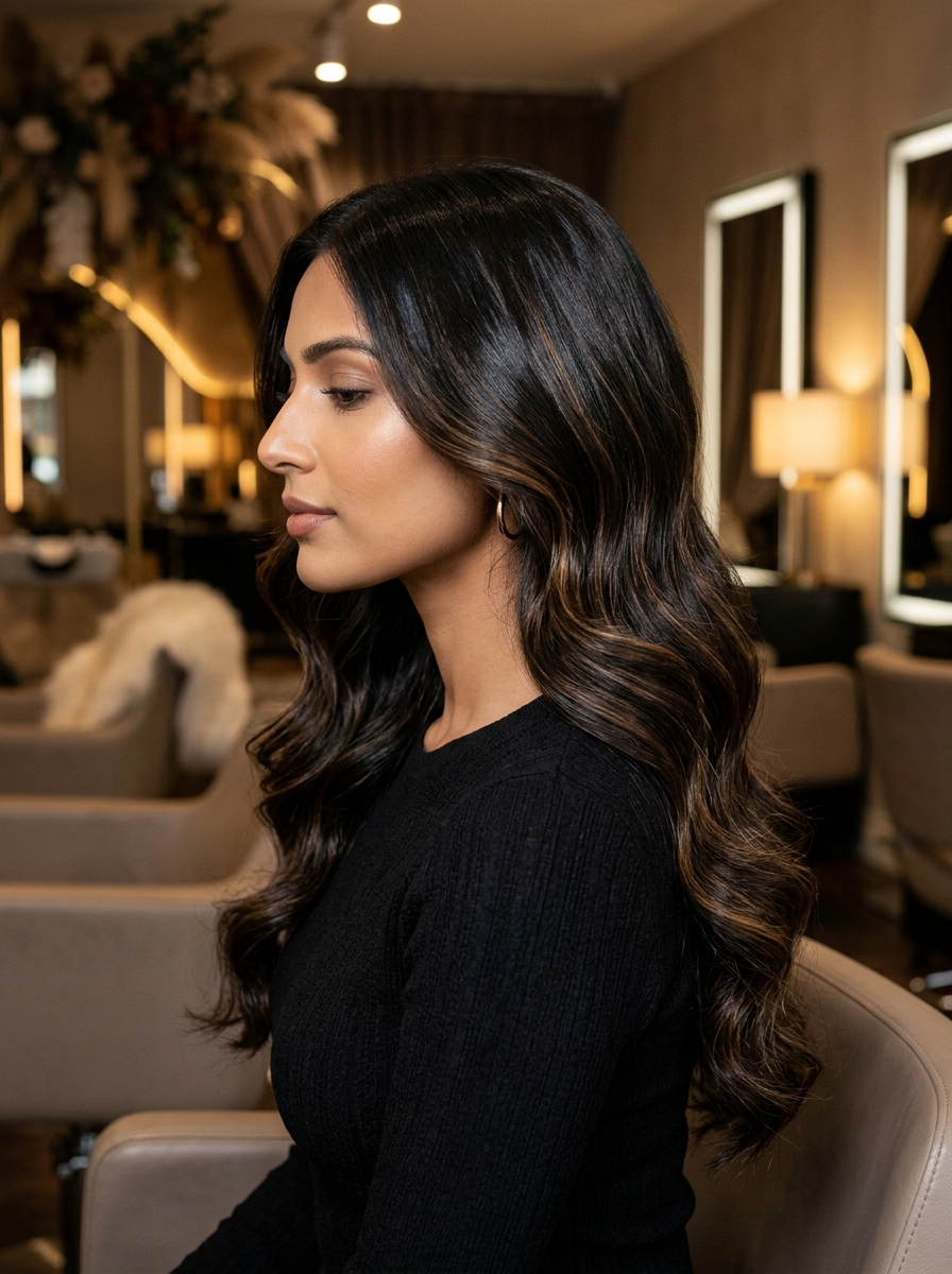 Glossy thermal hair waves in a luxury salon setting